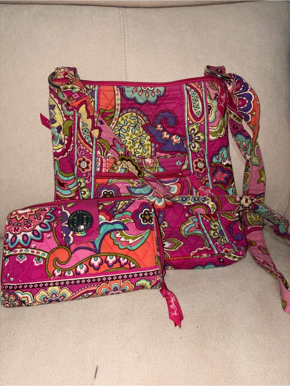 Vera Bradley Hot Pink Multicolor Paisley Quilted Crossbody and Wallet